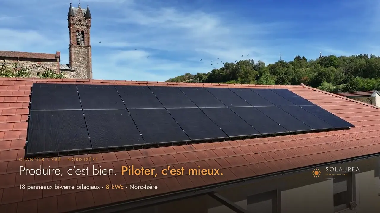 Chantier de Champier vu au drone : dix-huit panneaux solaires sur un toit de tuiles, clocher en arrière-plan