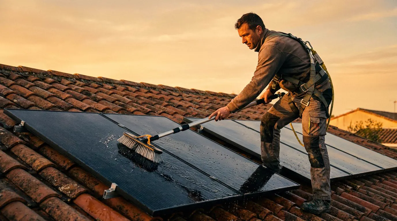 Illustration d'une personne qui nettoie des panneaux solaires avec une brosse télescopique sur un toit de tuiles